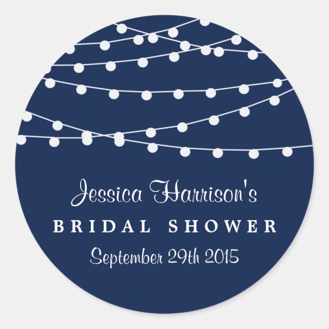 Modern String Lights On Navy Blue Bridal Shower Classic Round Sticker (Front)