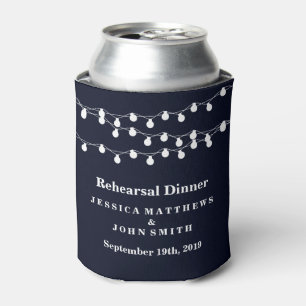 Modern String Lights On Navy Blue Wedding Can Cooler