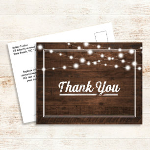 Modern String Lights on Wood Rustic Thank You Postcard