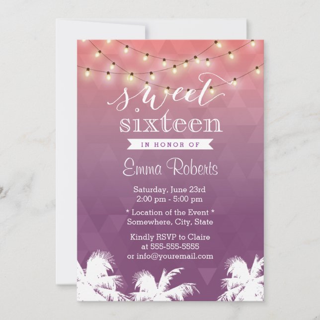 Modern String Lights & Palm Trees Sweet 16 Invitation (Front)