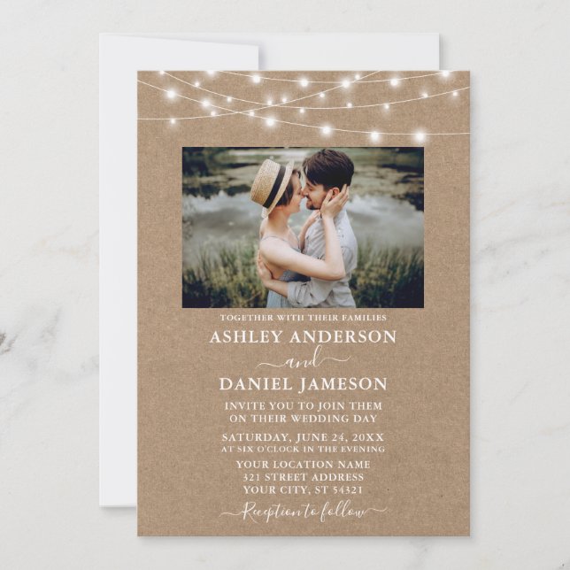 Modern String Lights Photo Kraft Wedding  Invitation (Front)