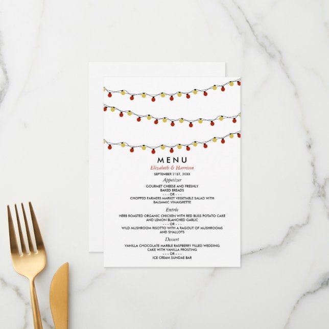 Modern String Lights, Red & Gold Wedding Menu (Front/Back In Situ)