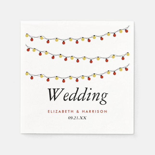 Modern String Lights, Red & Gold Wedding Napkin (Front)