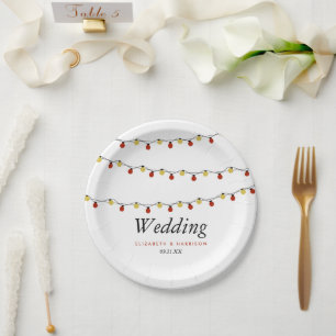 Modern String Lights, Red & Gold Wedding Paper Plate