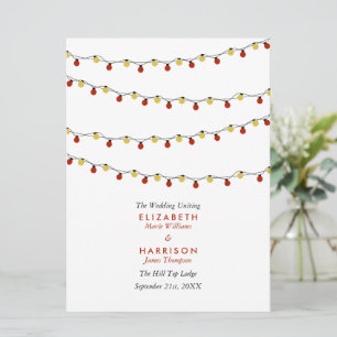 Modern String Lights, Red & Gold Wedding Programme