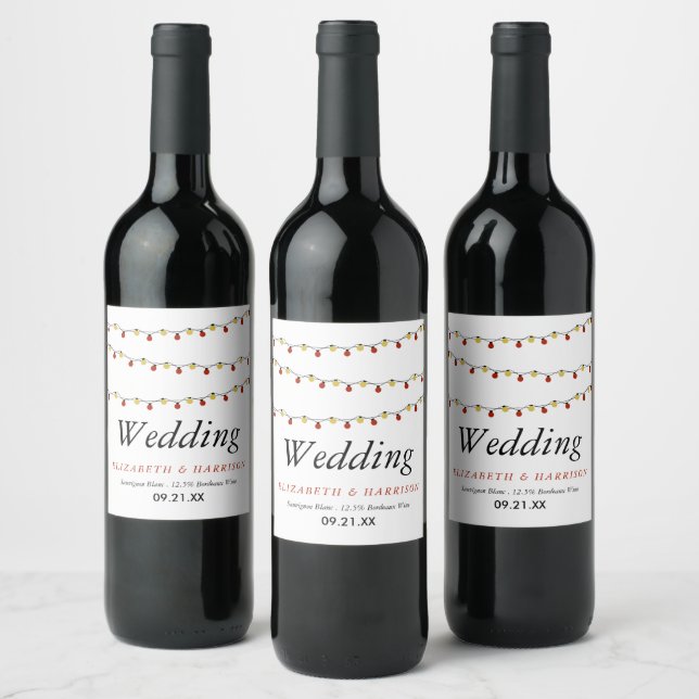 Modern String Lights, Red & Gold Wedding Wine Label (Bottles)