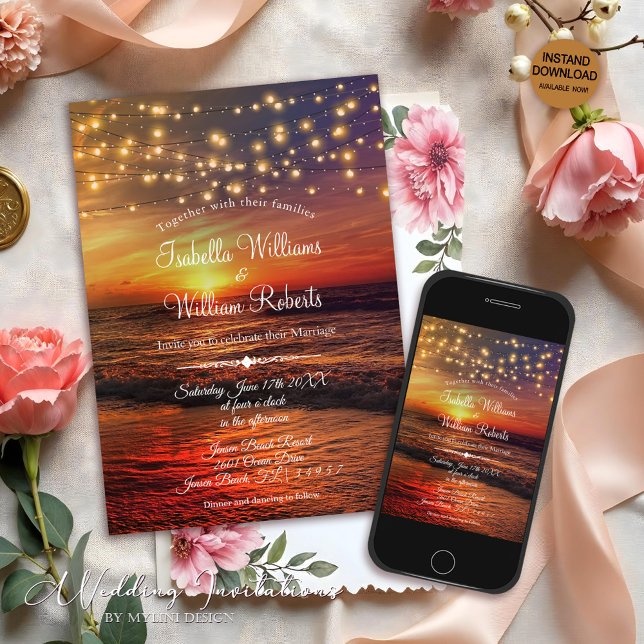 Modern String Lights Summer Sunset Beach Wedding Invitation (Creator Uploaded)