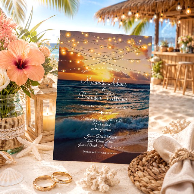 Modern String Lights Tropical Summer Beach Wedding Invitation (Creator Uploaded)