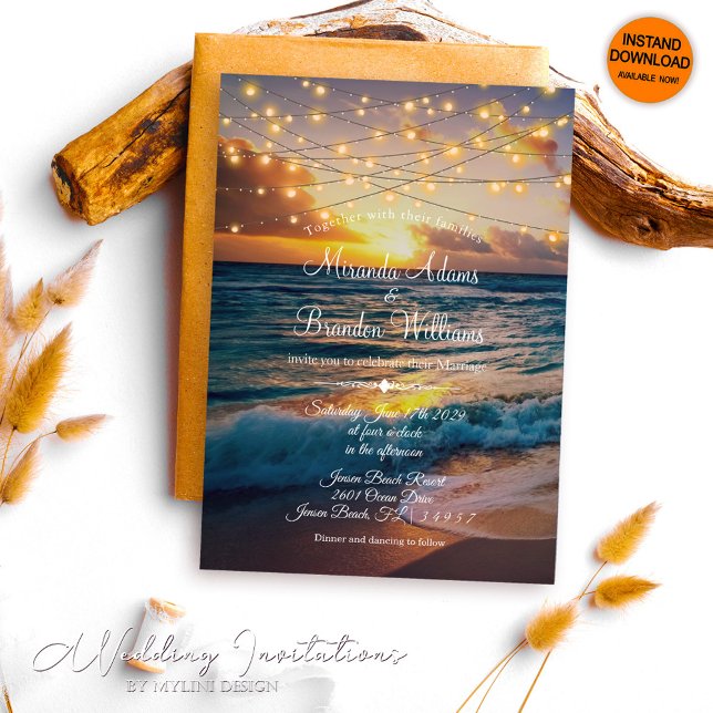 Modern String Lights Tropical Summer Beach Wedding Invitation (Creator Uploaded)
