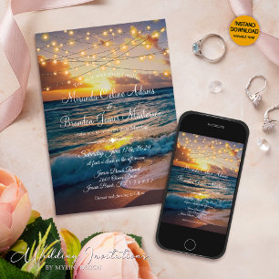 Modern String Lights Tropical Summer Beach Wedding Invitation