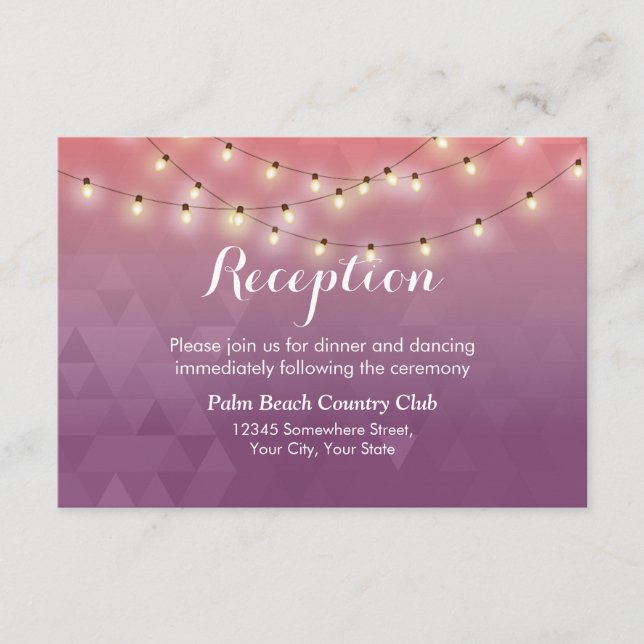 Modern String Lights Tropical Wedding Reception Enclosure Card (Front)