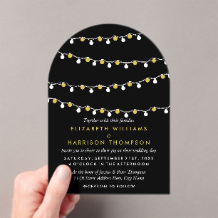 Modern String Lights, White & Gold Wedding Acrylic Invitations