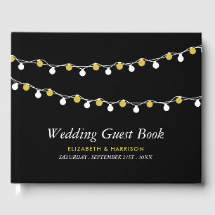 Modern String Lights, White & Gold Wedding Guest Book