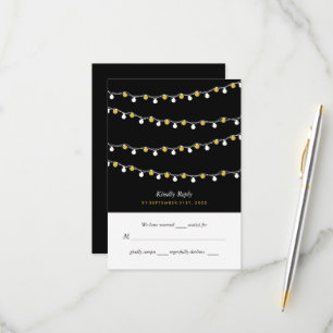 Modern String Lights, White & Gold Wedding RSVP Card