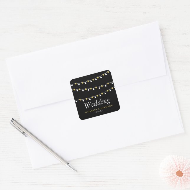 Modern String Lights, White & Gold Wedding Square Sticker (Envelope)