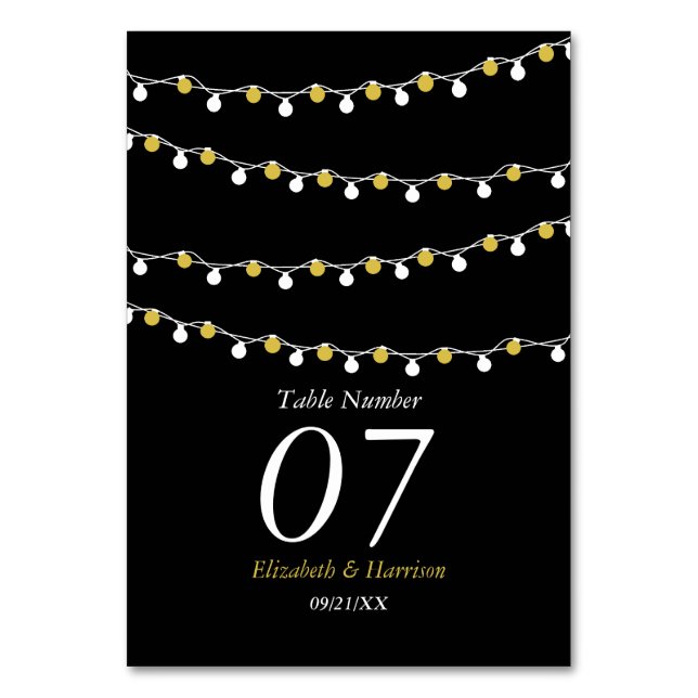 Modern String Lights, White & Gold Wedding Table Number (Front)