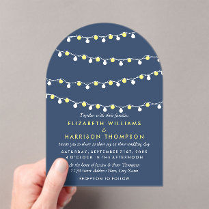 Modern String Lights, Yellow & White Wedding Acrylic Invitations