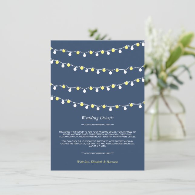 Modern String Lights, Yellow/White Wedding Detail Enclosure Card (Standing Front)