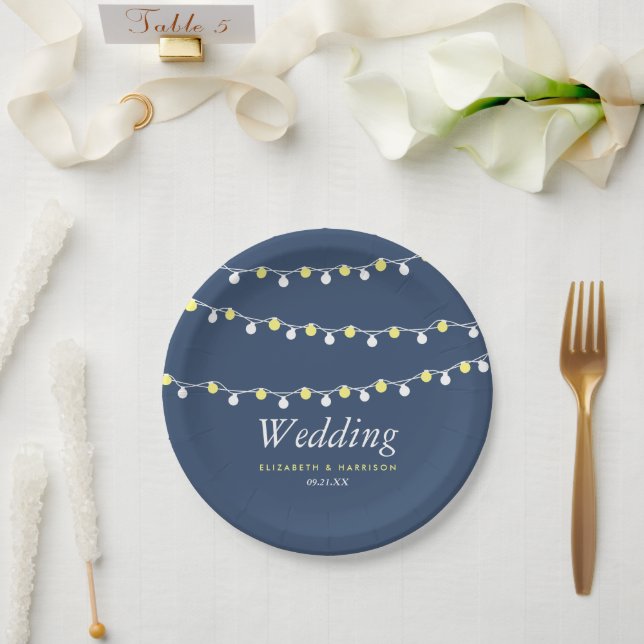 Modern String Lights, Yellow & White Wedding Paper Plate (Wedding)