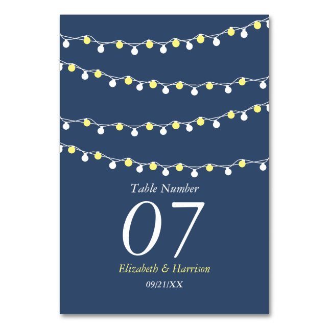 Modern String Lights, Yellow & White Wedding Table Number (Front)