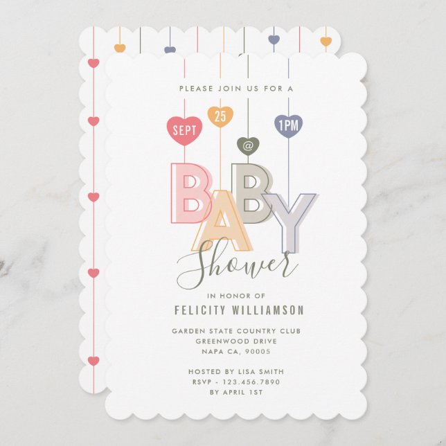 Modern String Pink Baby Letters Hearts Baby Shower Invitation (Front/Back)