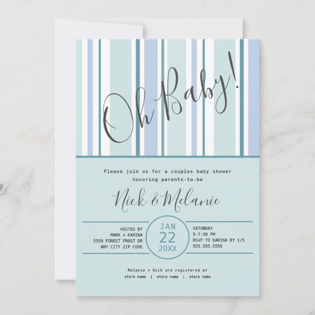 Modern stripe baby shower with diaper raffle invitation (Front)