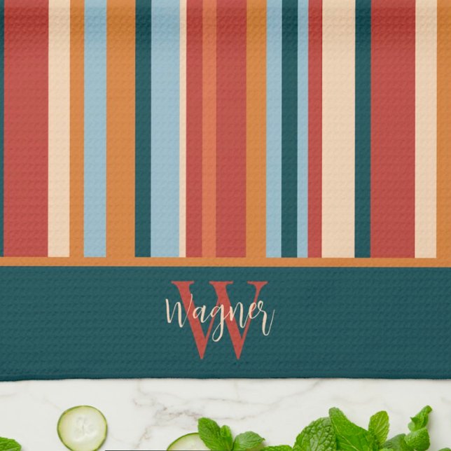 Modern Stripe Custom Monogram Initial Name Tea Towel (Creator Uploaded)