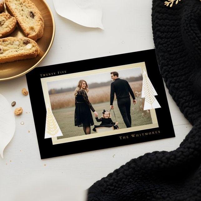 Modern Stripe Frame Evergreen Christmas Tree Photo (Modern Stripe Frame Evergreen Christmas Tree Photo Foil Holiday Card)