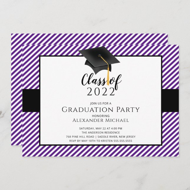 Modern Stripe Grad Cap Graduation Party  Invitatio Invitation (Front/Back)