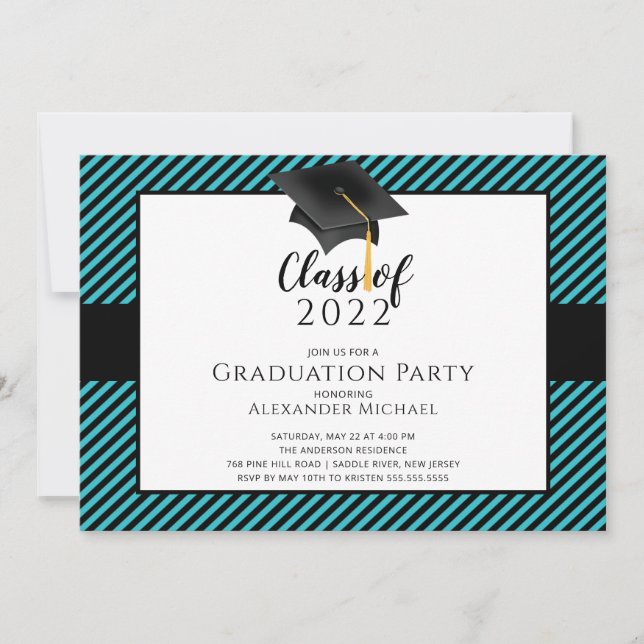 Modern Stripe Grad Cap Graduation Party  Invitatio Invitation (Front)