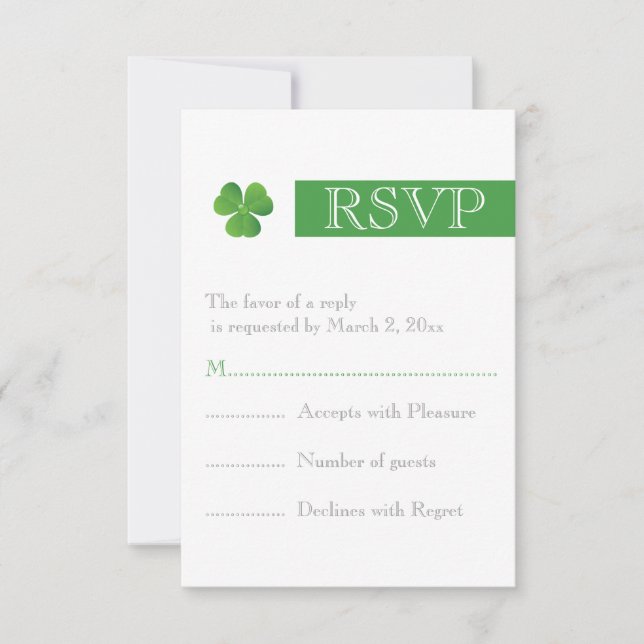 Modern stripe & green clover Irish wedding RSVP Card (Front)