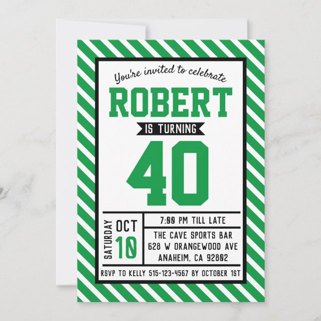 Modern Stripe Green Male 40th Birthday Invitation (Front)