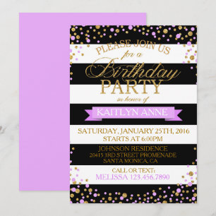 Modern Stripe Lavender Gold Glitter Dots Birthday Invitation