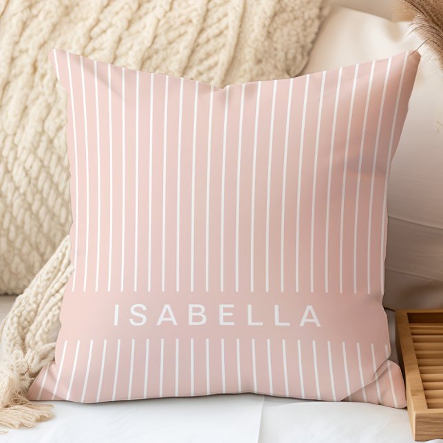 Modern Stripe Minimal Blush Pink Personalised Name Cushion (Creator Uploaded)