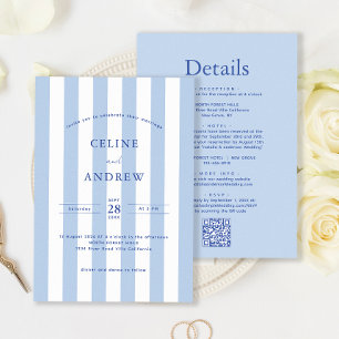Modern Stripe Pale Blue Wedding Details Qr Code & Invitation
