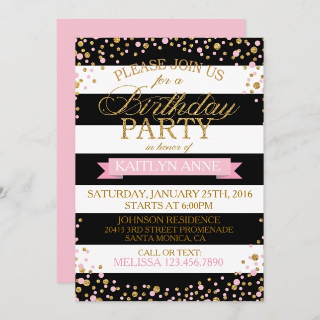Modern Stripe Pink and Gold Glitter Dots Birthday Invitation (Front/Back)