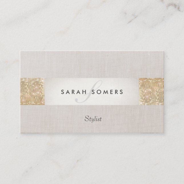 Modern Striped Beige, FAUX Gold Sequin Monogram Business Card (Front)
