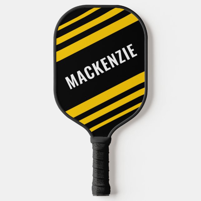 Modern Striped Black Gold Personalised  Pickleball Paddle (Front)