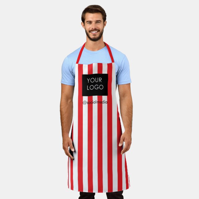 Modern Striped Custom Business Logo Red White  Apron (Worn)