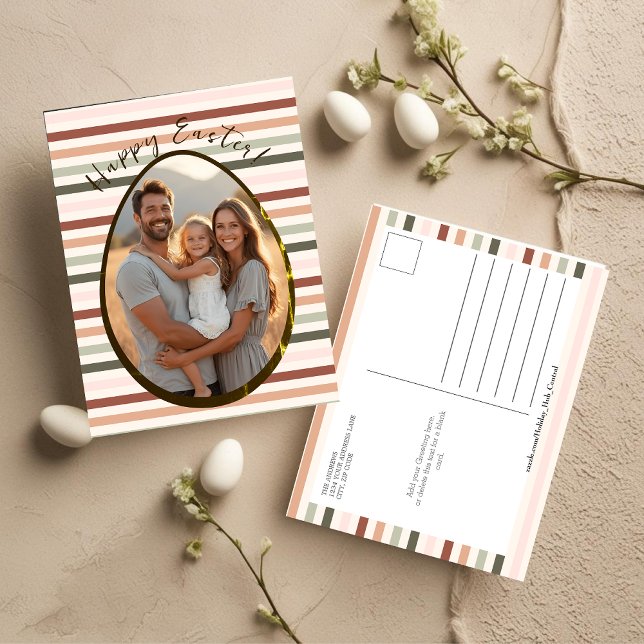 Modern Striped Easte with Egg Photo Holiday Postcard (Modern Striped Easte with Egg Photo Holiday Postcard)