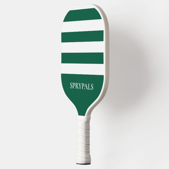 Modern Striped Green White Monogram Pickleball Pad Paddle (Left)