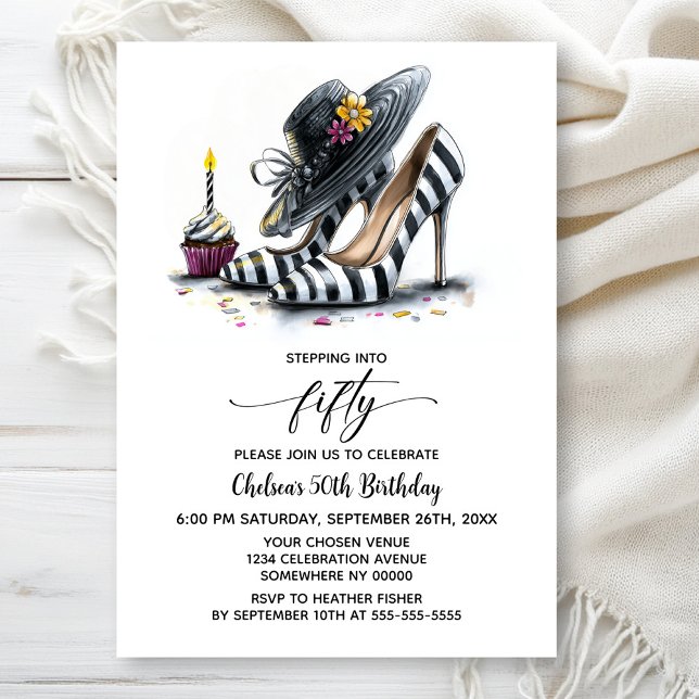 Modern Striped High Heel Shoes 50th Birthday Invitation (Creator Uploaded)