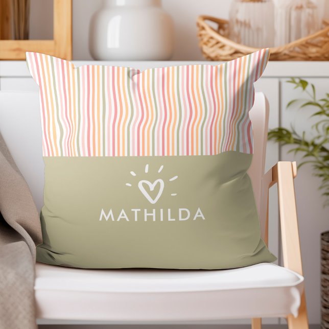 Modern striped kids room cushion (stripes in pastel throw pillow with name)