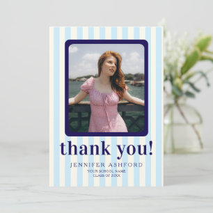 Modern Striped Navy Blue Photo Graduation Thank You Card