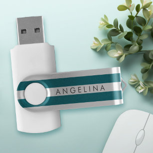 Modern Striped Pattern Custom Name - Blue White USB Flash Drive