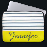 Modern striped pattern laptop sleeve<br><div class="desc">Modern white,  blue and yellow striped pattern with custom name</div>