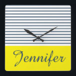 Modern striped pattern square wall clock<br><div class="desc">Modern white,  blue and yellow striped pattern with custom name</div>