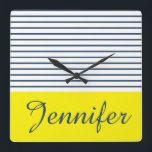 Modern striped pattern square wall clock<br><div class="desc">Modern white,  blue and yellow striped pattern with custom name</div>