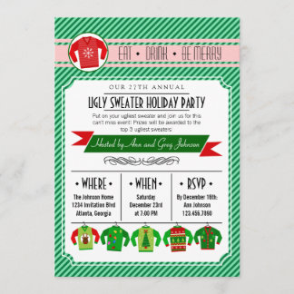 Modern Striped Ugly Sweater Holiday Party Invitation