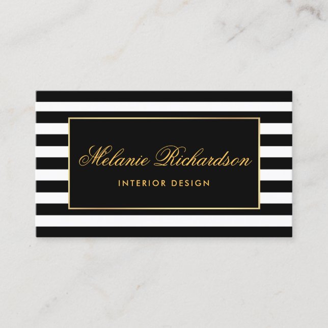 Modern Stripes and Gold Frame Business Card (Front)